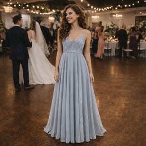 Dessy Collection Powder Blue/Grey Lace Bodice Dress – Size 6 EUC